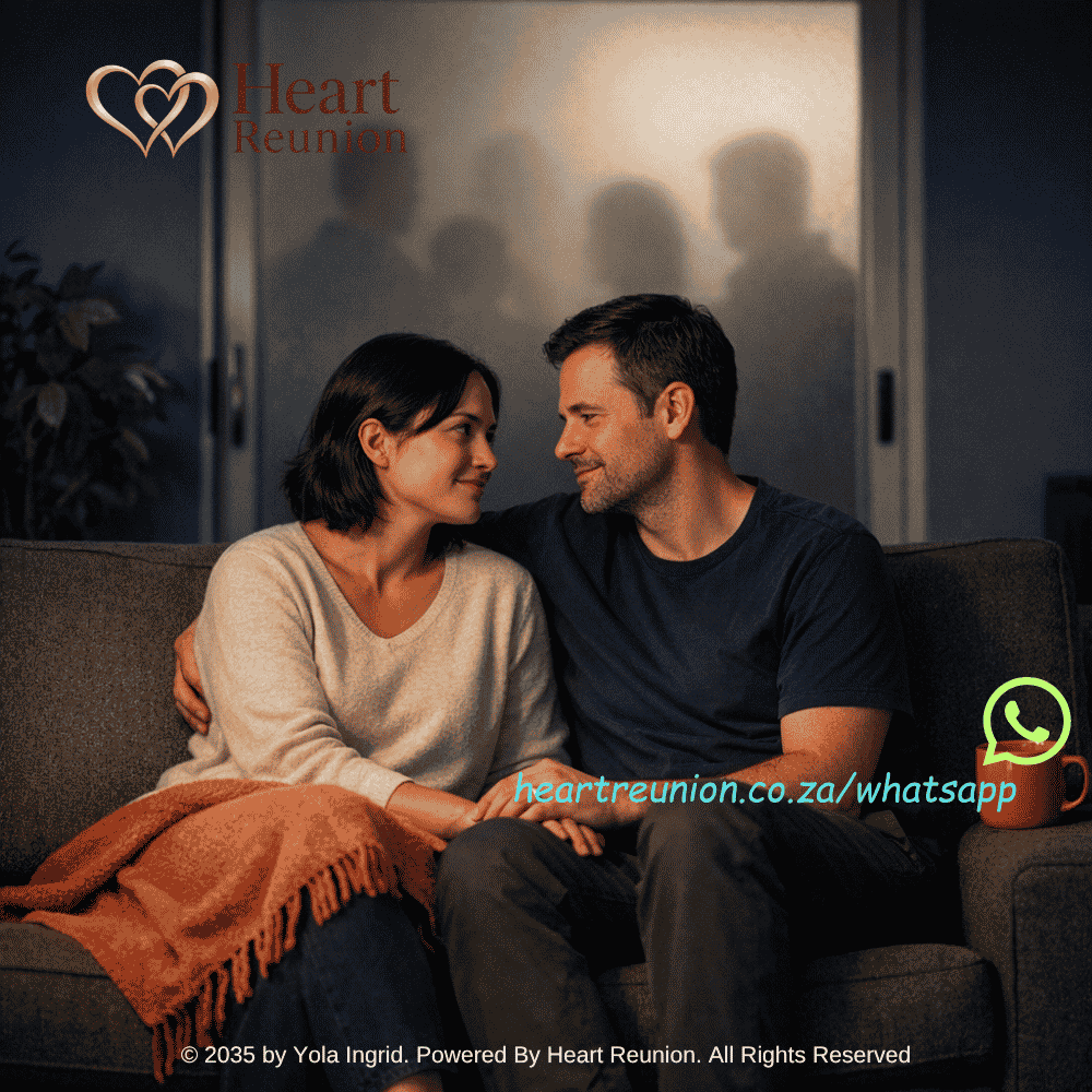 A couple sits together on a couch in a dimly lit room. (1)
