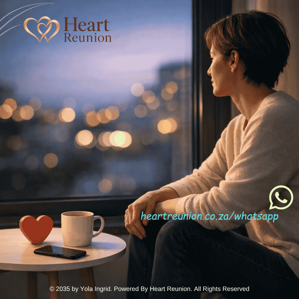 A person sits on a chair with a cup of coffee and a heart-shaped object in front of them.