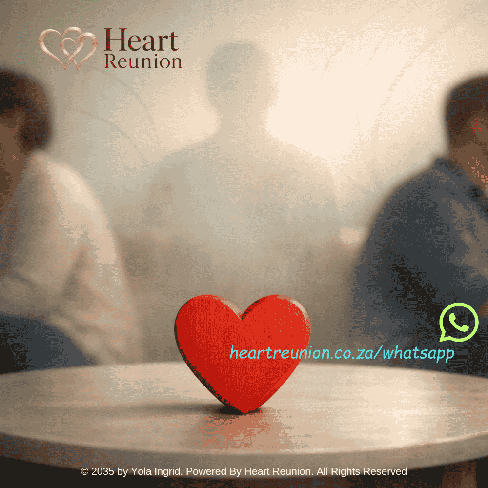 A red heart sits on a table in front of two people facing love despair with a faded 3rd human image in the background