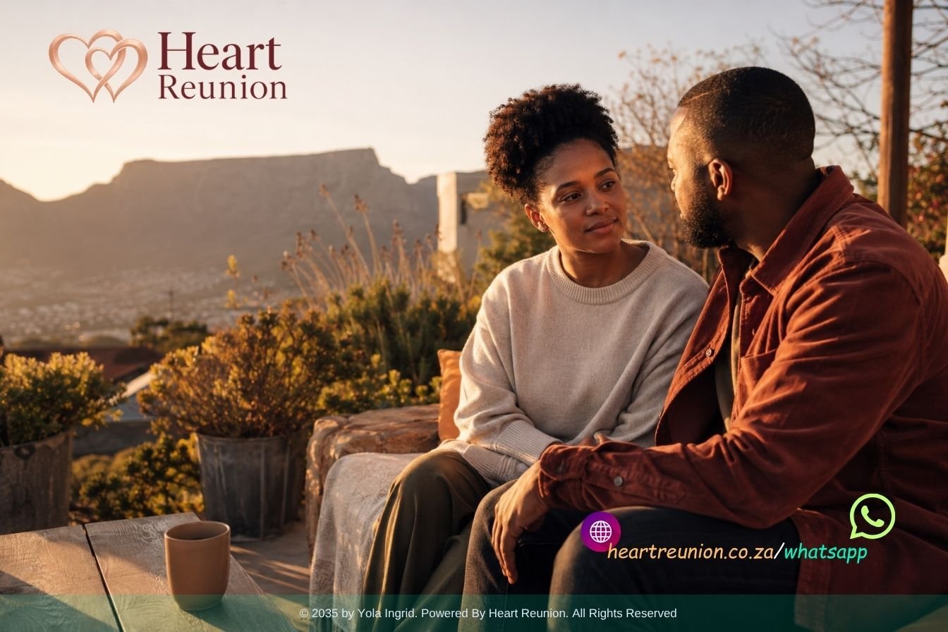 Black South African couple having a calm reconciliation conversation with Table Mountain behind them at sunset
