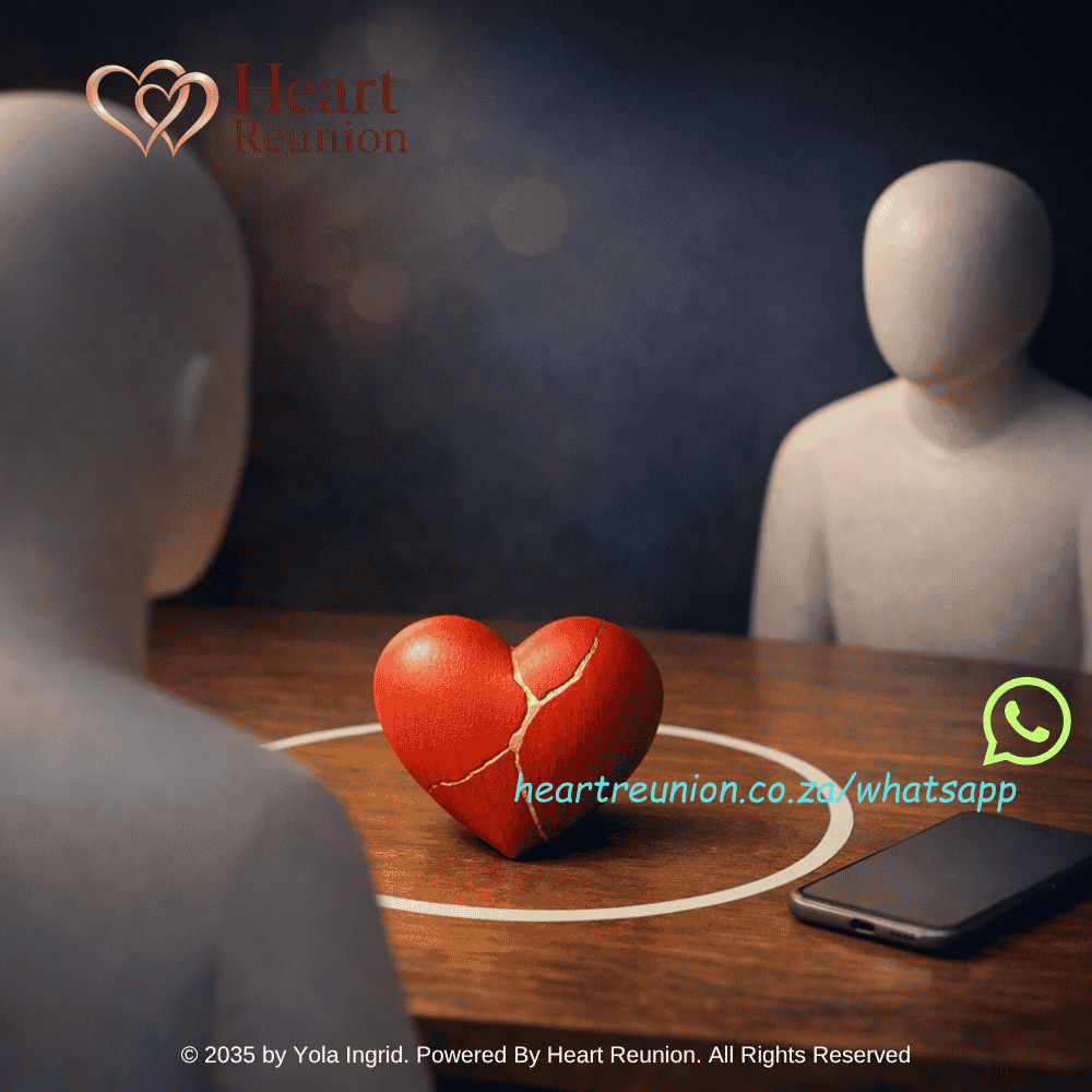 Cracked red heart between two people sitting apart, representing heartbreak, relationship separation and emotional healing