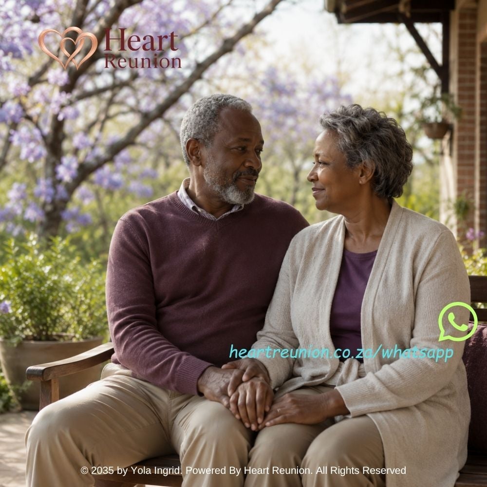 Older Black South African couple holding hands beneath jacaranda trees in a Pretoria garden