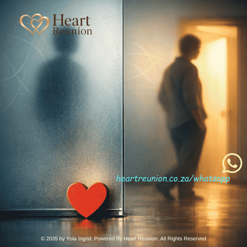 Person walking away after relationship separation with a red heart in the foreground, representing breakup recovery, emotional healing, lost love and reconciliation.