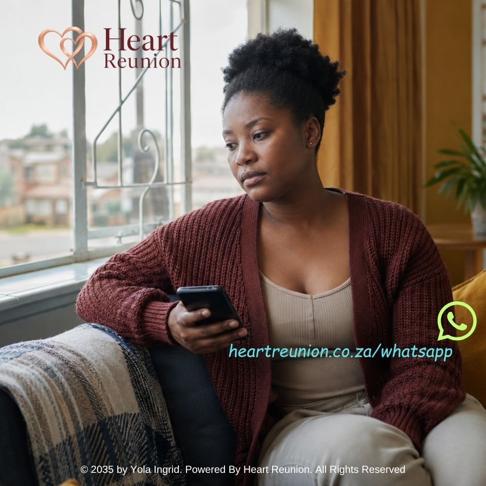 South African woman reflecting on a romantic relationship while holding her phone at home in Soweto