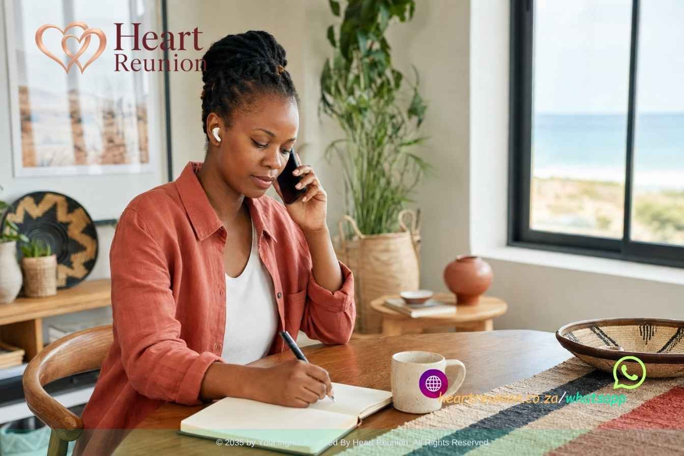 South African woman taking notes during a private relationship-guidance phone call (1)