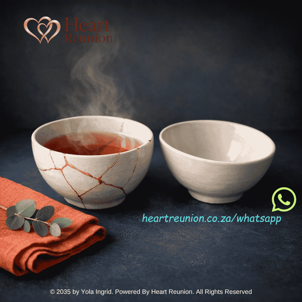 Two ceramic bowls on a dark blue surface, one filled with steaming tea and decorated with gold kintsugi-style cracks, beside an empty bowl, a folded rust-colored cloth, and eucalyptus leaves. (1)
