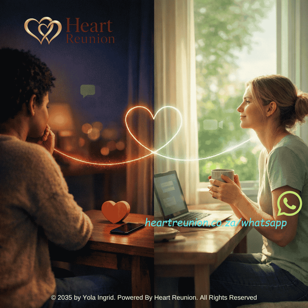 Two partners reconnecting through online communication, symbolising long-distance relationship healing, emotional connection, reconciliation and rebuilding love.