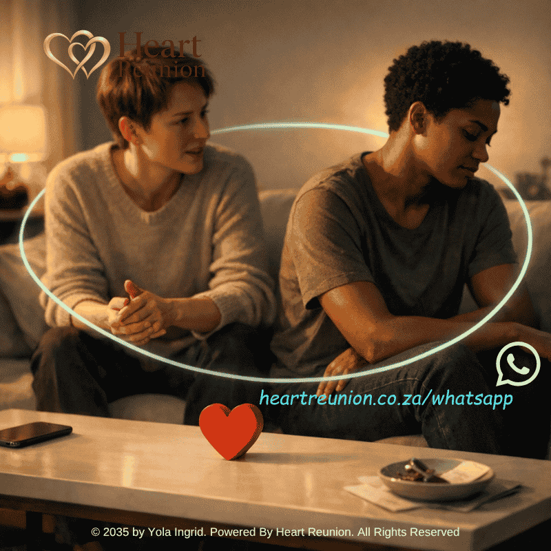 Two partners sitting apart on a sofa with a red heart between them, symbolising emotional distance, relationship strain and hope for reconnection.