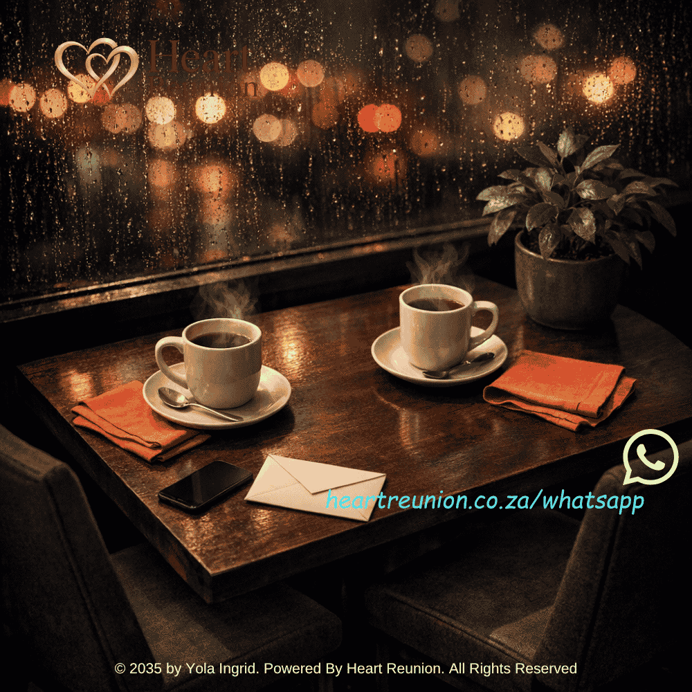Two steaming cups of coffee sit on saucers atop a wooden café table by a rain-speckled window, with folded rust-colored napkins, a potted plant, a smartphone, and an envelope.