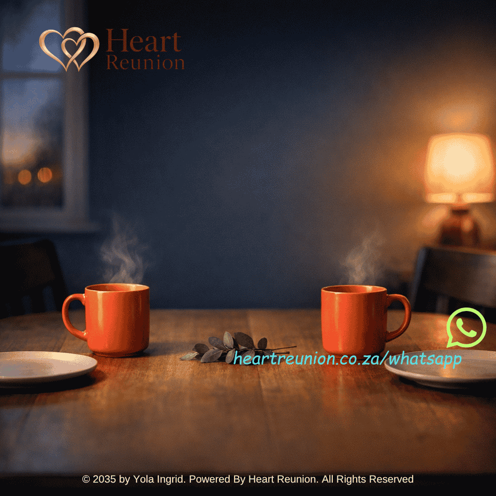 Two steaming red mugs on a wooden dining table, with plates and a sprig of greenery between them, a warmly lit lamp in the background, and a window showing blurred lights.