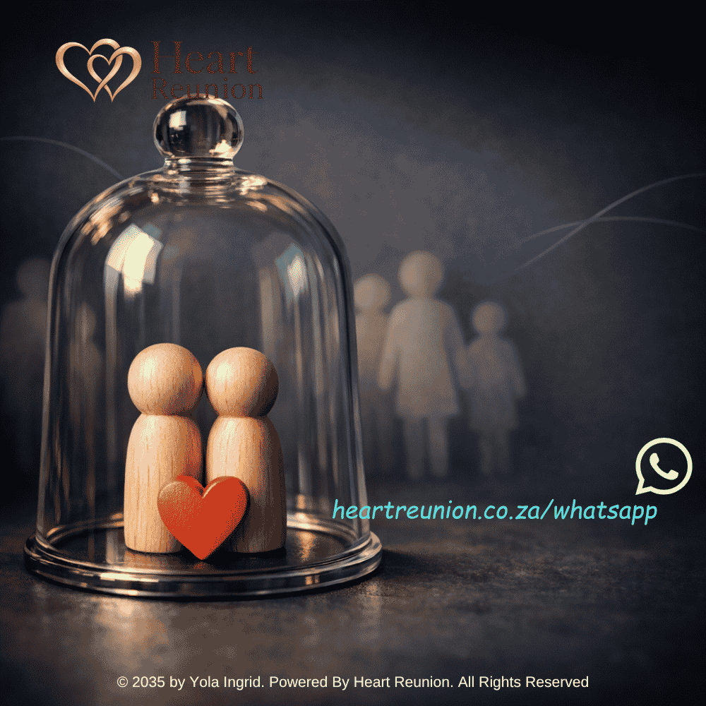 Two wooden figures beneath a glass dome with a red heart between them, symbolizing love and togetherness.