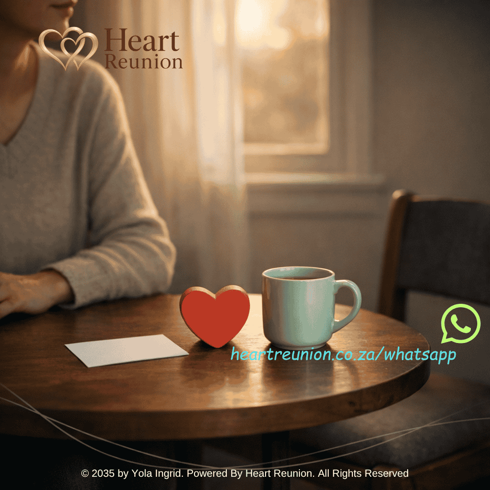 Woman sitting beside an empty chair with a red heart on the table, symbolising relationship separation, lost love, breakup recovery, reconciliation and emotional healing.