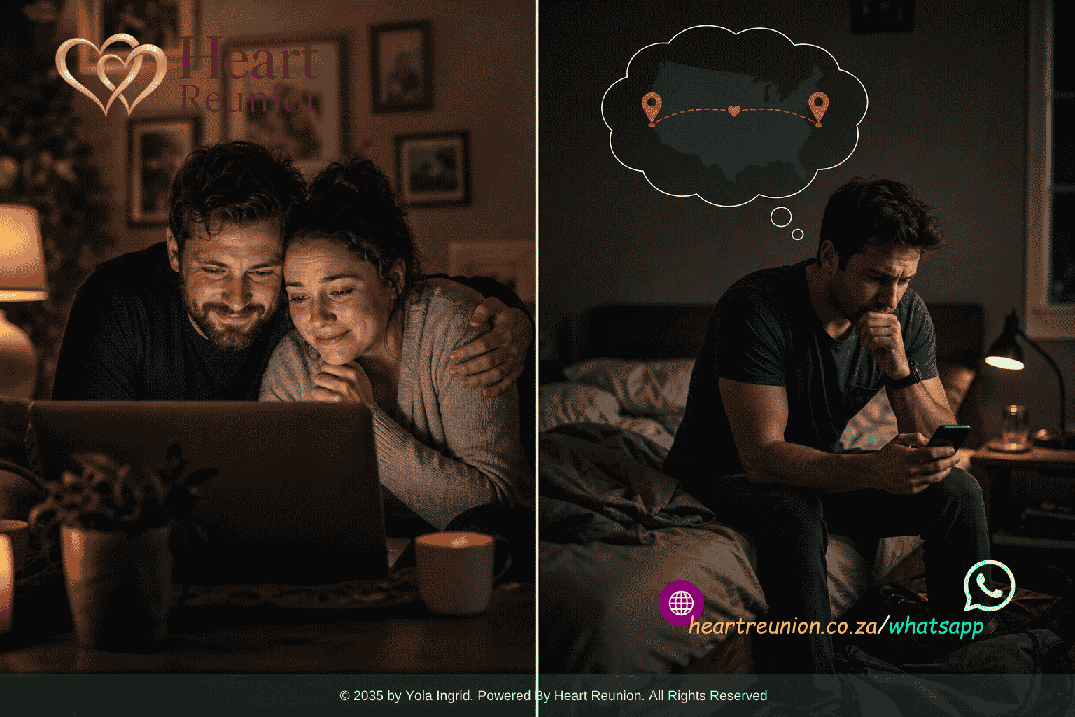 a split scene, illustrating the emotional landscape of a long-distance relationship. On one side, a couple is on a video call, their faces lit by the soft glow of their screens, smiles mingling with a hint of sadness (2)