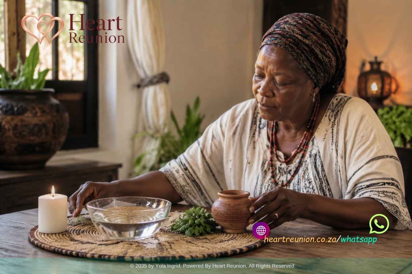 Mature South African spiritual practitioner preparing a candle, water bowl and herbs for a reflective guidance session (1)